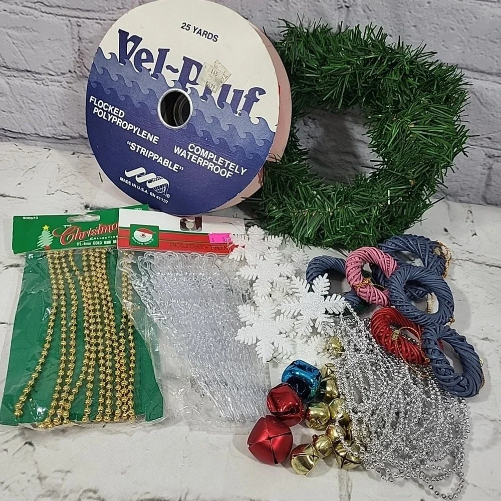 Vintage Christmas Tree Trimming Lot Snowflakes Bells Garland Wreath Holiday